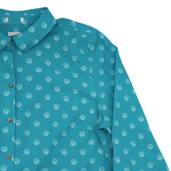 Chicos Blouse Womens 2 Large Tab Sleeve No Iron Hardware Seashell Button Blue - Picture 3 of 13